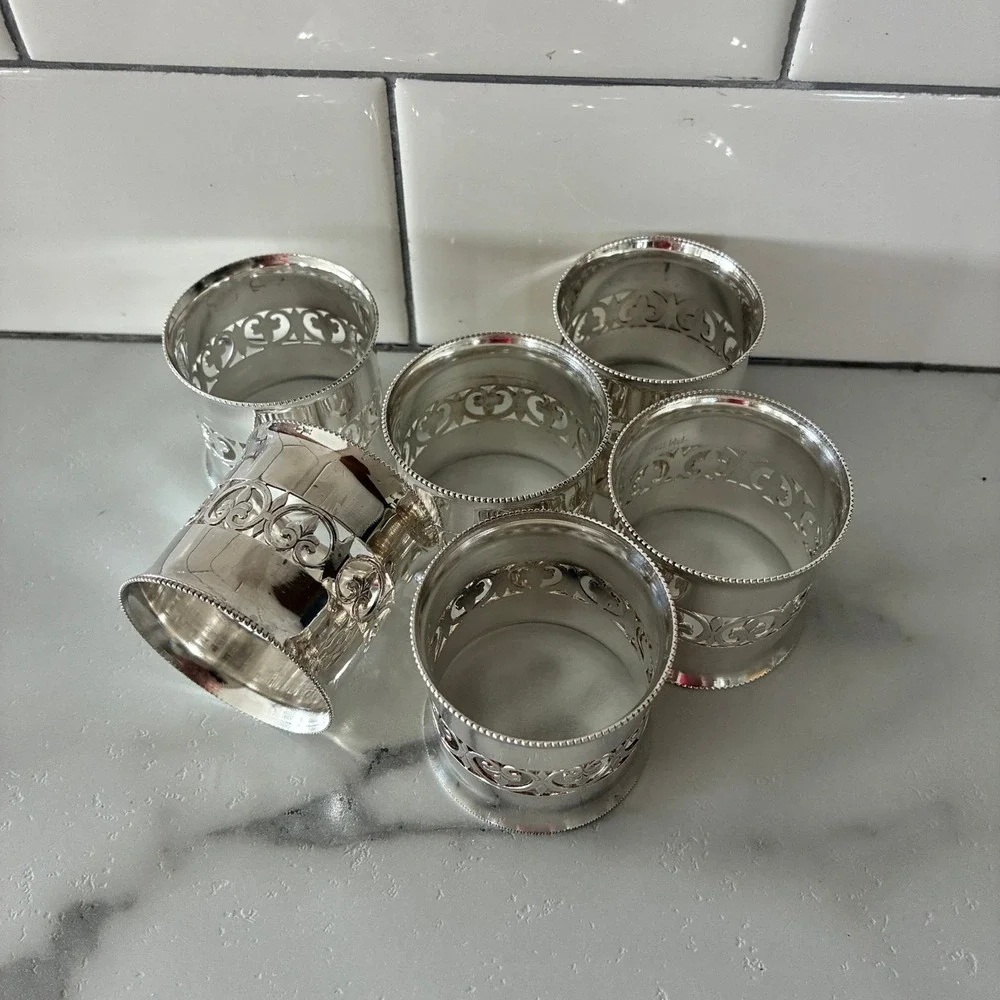 Vintage Silver Plated Filigree Napkin Rings Set of 6 Fleur De Lis Italy